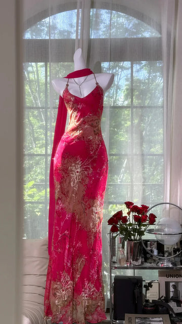 Sexy Mermaid Spaghetti Strap Pink Print Floral Chiffon Prom Dress Wedding Guest Dress HZ1023